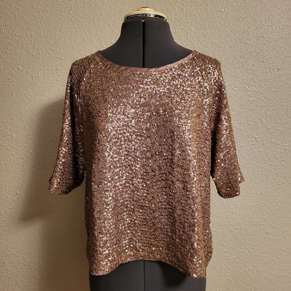 RM Rebecca Minkoff Bronzey-Brown Mesh Sequin Top Size Medium - Picture 1 of 8